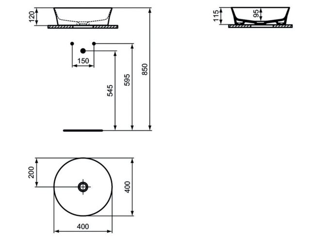 IDEAL STANDARD IPALYSS umyvadlová mísa 40 cm, bez přepadu E139801 Technický nákres