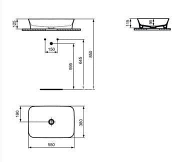 IDEAL STANDARD IPALYSS umyvadlo na desku 55 cm, bez přepadu, Ideal Plus E2076MA Technický nákres