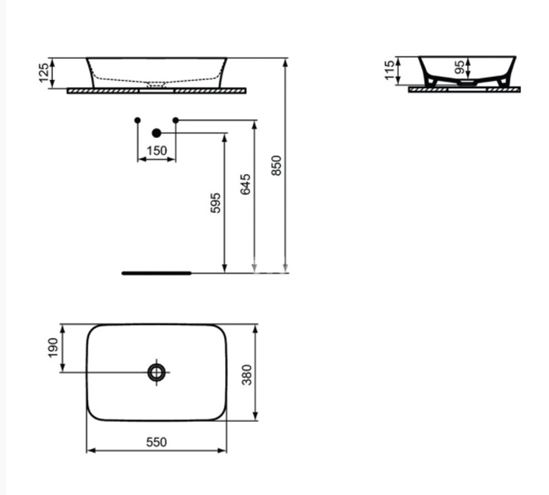 IDEAL STANDARD IPALYSS umyvadlo na desku 55 cm, bez přepadu, Ideal Plus E2076MA Technický nákres
