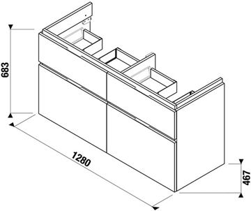 JIKA CUBITO PURE skříňka pod dvojumyvadlo 128x46,7x68,3 cm, 4 zásuvky, Push-open, dub H40J4274025191 Technický nákres