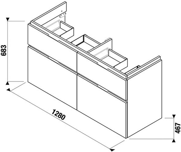 JIKA CUBITO PURE skříňka pod dvojumyvadlo 128x46,7x68,3 cm, 4 zásuvky, Push-open, dub H40J4274025191 Technický nákres
