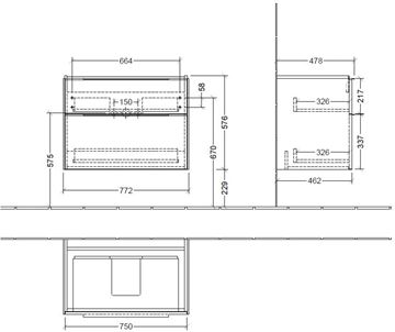 VILLEROY & BOCH SUBWAY 3.0 skříňka pod umyvadlo 77,2x47,8x57,6 cm, 2 zásuvky, Stone Oak C57401RK Technický nákres