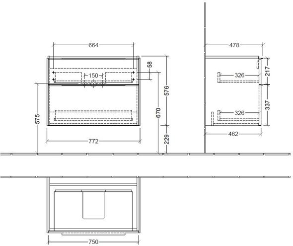 VILLEROY & BOCH SUBWAY 3.0 skříňka pod umyvadlo 77,2x47,8x57,6 cm, 2 zásuvky, Stone Oak C57401RK Technický nákres