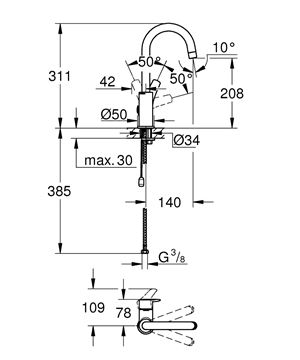 GROHE EUROSMART umyvadlová stojánková baterie, chrom 23743003 Technický nákres