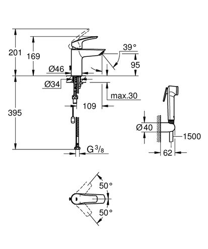 GROHE EUROSMART umyvadlová stojánková baterie, s bidetovou sprškou, chrom 23124003 Technický nákres
