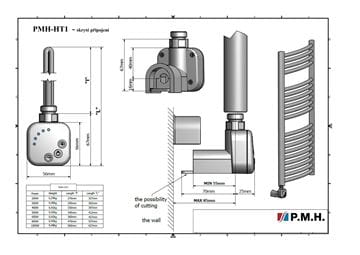 P.M.H. HT1 topná tyč 300W, pro koupelnové radiátory, se skrytým připojením, chrom PMH-HT1-C-300W Technický nákres