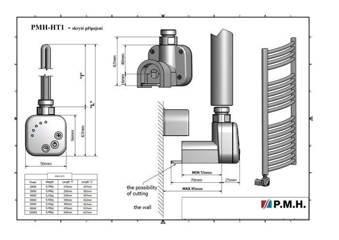 P.M.H. HT1 topná tyč 300W, pro koupelnové radiátory, se skrytým připojením, chrom PMH-HT1-C-300W Technický nákres