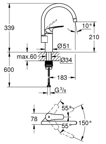 GROHE EUROSMART dřezová baterie, chrom 33202003 Technický nákres