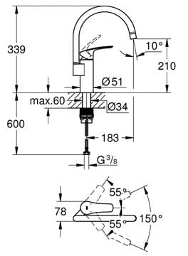 GROHE EUROSMART dřezová baterie, chrom 33202003 Technický nákres