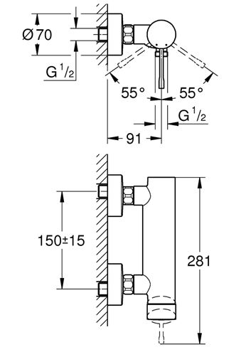 GROHE ESSENCE NEW sprchová nástěnná baterie, chrom 25252001 Technický nákres