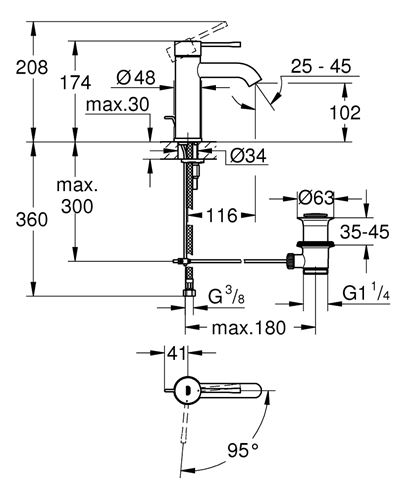 GROHE ESSENCE NEW umyvadlová stojánková baterie, s odtokovou soupravou, studený start, chrom 24180001 Technický nákres