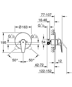 GROHE BAUEDGE sprchová podomítková baterie, s tělesem, chrom 29078001 Technický nákres