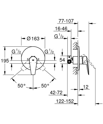 GROHE BAUEDGE sprchová podomítková baterie, s tělesem, chrom 29078001 Technický nákres