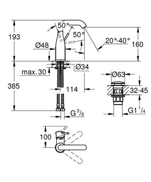 GROHE ESSENCE NEW umyvadlová stojánková baterie, s odtokovou soupravou, chrom 24181001 Technický nákres