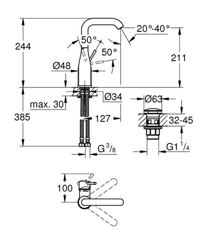 GROHE ESSENCE NEW umyvadlová stojánková baterie, s odtokovou soupravou, Water Saving, chrom 24182001 Technický nákres