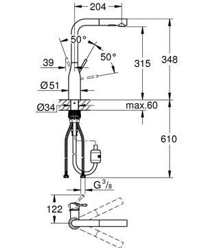 GROHE ESSENCE NEW dřezová baterie, s vytahovací sprškou, warm sunset 30504DA0 Technický nákres
