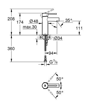 GROHE ESSENCE NEW umyvadlová stojánková baterie, chrom 34813001 Technický nákres
