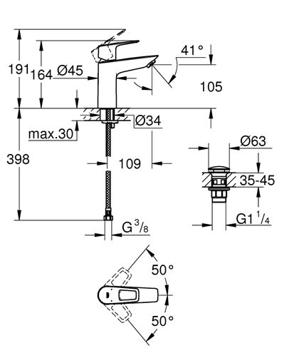 GROHE BAULOOP umyvadlová stojánková baterie, s odtokovou soupravou, chrom 23886001 Technický nákres
