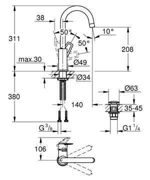 GROHE BAULOOP umyvadlová stojánková baterie, s odtokovou soupravou, chrom 23891001 Technický nákres