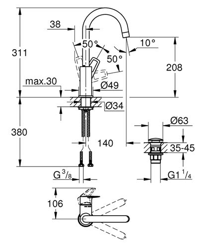 GROHE BAULOOP umyvadlová stojánková baterie, s odtokovou soupravou, chrom 23891001 Technický nákres