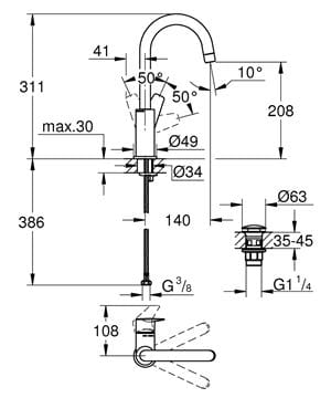 GROHE BAUEDGE umyvadlová stojánková baterie, s odtokovou soupravou, chrom 23911001 Technický nákres