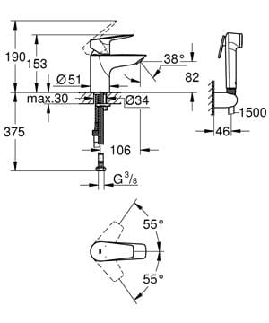 GROHE BAUEDGE umyvadlová stojánková baterie, s bidetovou sprškou, chrom 23757001 Technický nákres