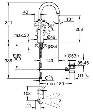 GROHE BAULOOP umyvadlová stojánková baterie, s odtokovou soupravou, chrom 23763001 Technický nákres