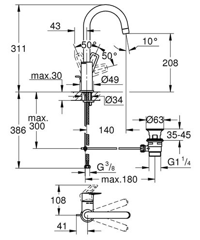 GROHE BAULOOP umyvadlová stojánková baterie, s odtokovou soupravou, chrom 23763001 Technický nákres