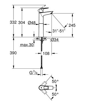 GROHE BAULOOP umyvadlová stojánková baterie, chrom 23764001 Technický nákres