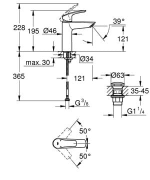 GROHE EUROSMART umyvadlová stojánková baterie, s odtokovou soupravou, chrom 23923003 Technický nákres