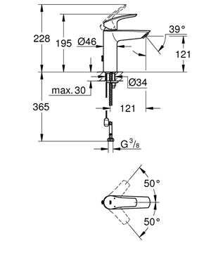 GROHE EUROSMART umyvadlová stojánková baterie, chrom 23323003 Technický nákres