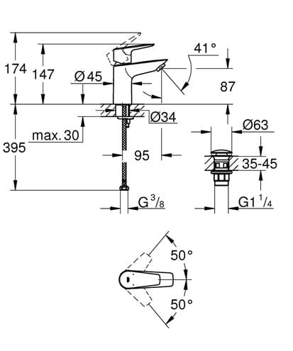 GROHE BAUEDGE umyvadlová stojánková baterie, s odtokovou soupravou, chrom 23896001 Technický nákres