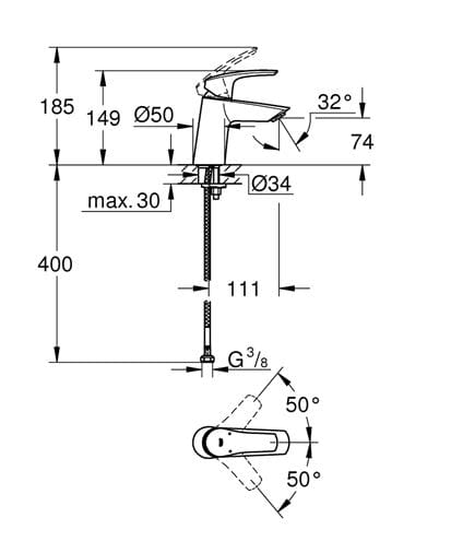 GROHE EUROSMART umyvadlová stojánková baterie, chrom 23967003 Technický nákres