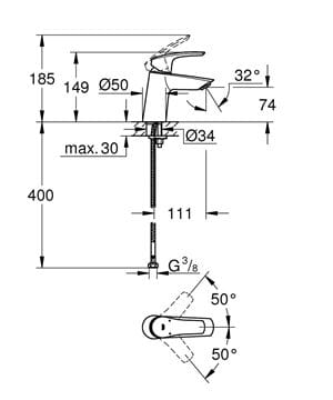 GROHE EUROSMART umyvadlová stojánková baterie, chrom 23967003 Technický nákres