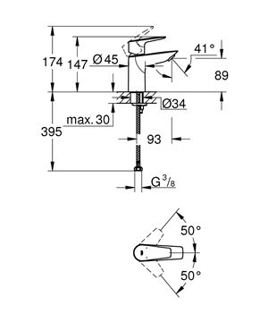 GROHE BAUEDGE umyvadlová stojánková baterie, chrom 23330001 Technický nákres
