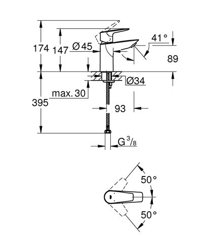 GROHE BAUEDGE umyvadlová stojánková baterie, chrom 23330001 Technický nákres