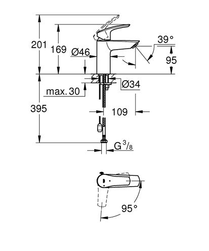 GROHE EUROSMART umyvadlová stojánková baterie, studený start, chrom 23372003 Technický nákres