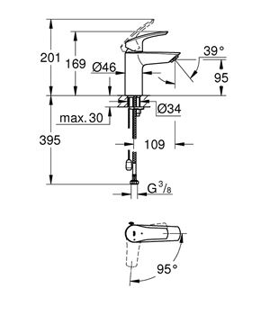 GROHE EUROSMART umyvadlová stojánková baterie, studený start, chrom 23372003 Technický nákres