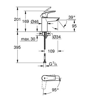 GROHE EUROSMART umyvadlová stojánková baterie, studený start, chrom 32154003 Technický nákres