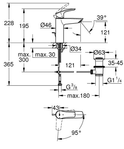 GROHE EUROSMART umyvadlová stojánková baterie, s odtokovou soupravou, studený start, chrom 2339330E Technický nákres