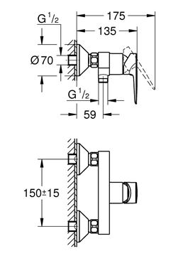 GROHE BAUEDGE sprchová nástěnná baterie, chrom 23635001 Technický nákres
