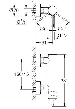 GROHE ESSENCE NEW sprchová nástěnná baterie, cool sunrise 25252GL1 Technický nákres