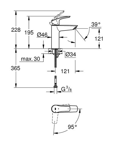 GROHE EUROSMART umyvadlová stojánková baterie, studený start, chrom 2339530E Technický nákres