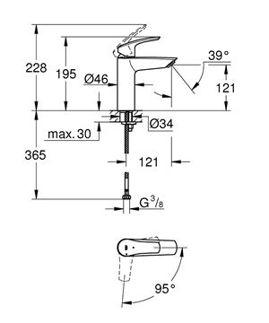 GROHE EUROSMART umyvadlová stojánková baterie, studený start, chrom 2339530E Technický nákres