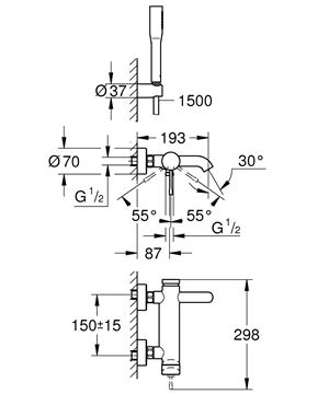 GROHE ESSENCE NEW vanová nástěnná baterie, s přepínačem, se sprchovou soupravou, chrom 25249001 Technický nákres