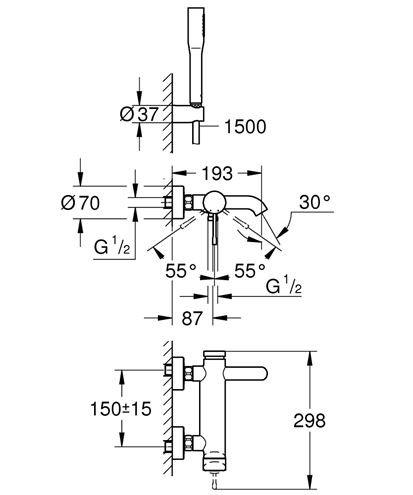 GROHE ESSENCE NEW vanová nástěnná baterie, s přepínačem, se sprchovou soupravou, chrom 25249001 Technický nákres