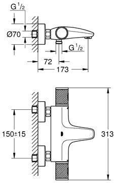 GROHE GROHTHERM 1000 PERFORMANCE vanová nástěnná termostatická baterie, s přepínačem, chrom 34830000 Technický nákres