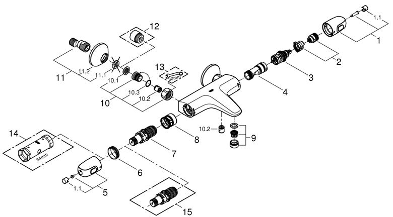 GROHE GROHTHERM 1000 vanová nástěnná termostatická baterie, s přepínačem, chrom 34816003 Obrázek - fotka