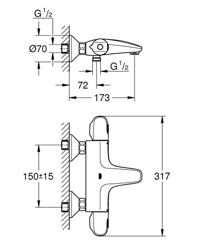 GROHE GROHTHERM 1000 vanová nástěnná termostatická baterie, s přepínačem, chrom 34816003 Technický nákres