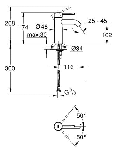 GROHE ESSENCE NEW umyvadlová stojánková baterie, supersteel 24172DC1 Technický nákres